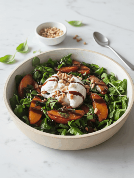 Burrata salad with caramelized peaches and pine nuts