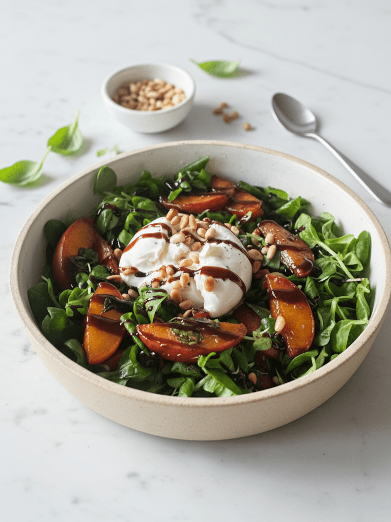 Burrata salad with caramelized peaches and pine nuts