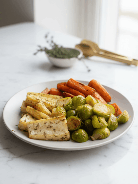 Herb roasted roots and brussels sprouts min