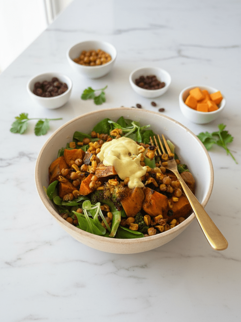 Roasted vegetable grain bowl with curry dressing min