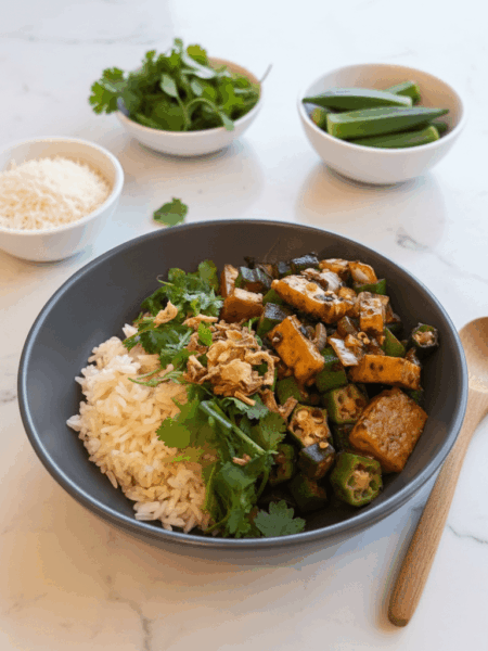 Spiced tofu and okra rice bowl min