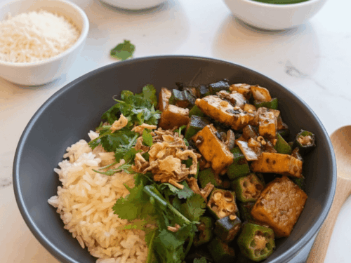 Spiced tofu and okra rice bowl min