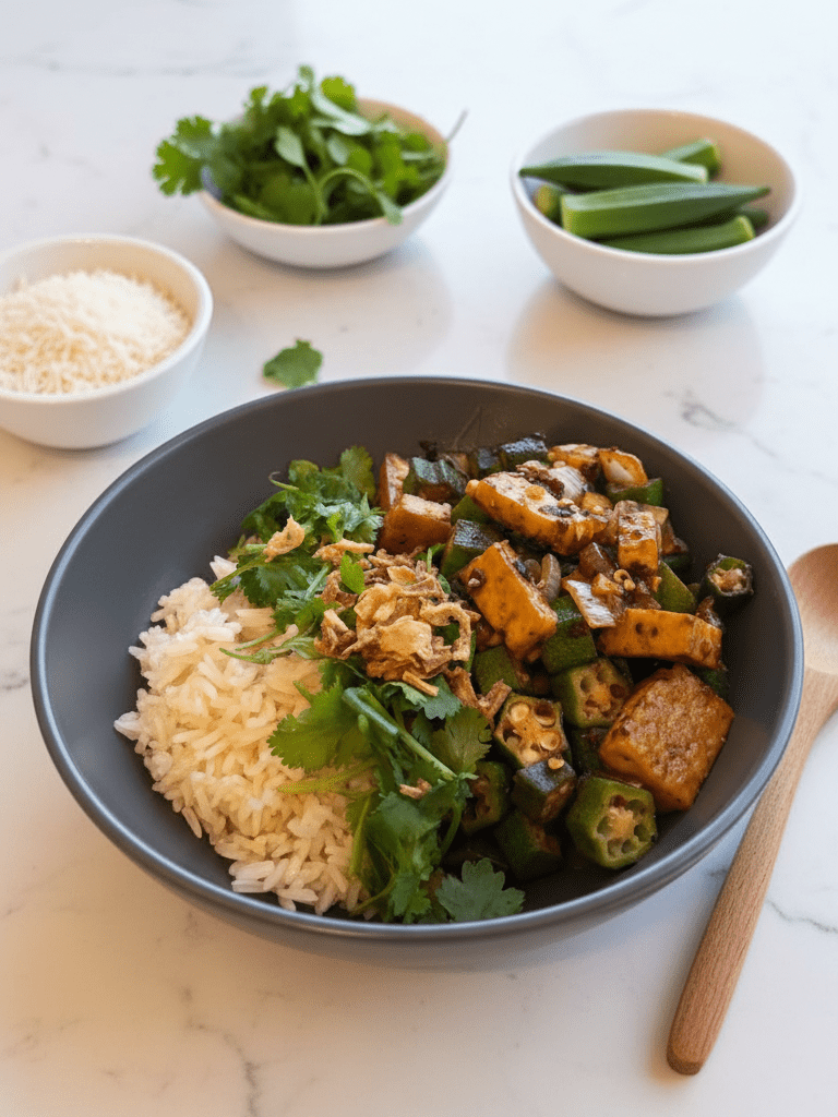 Spiced tofu and okra rice bowl min